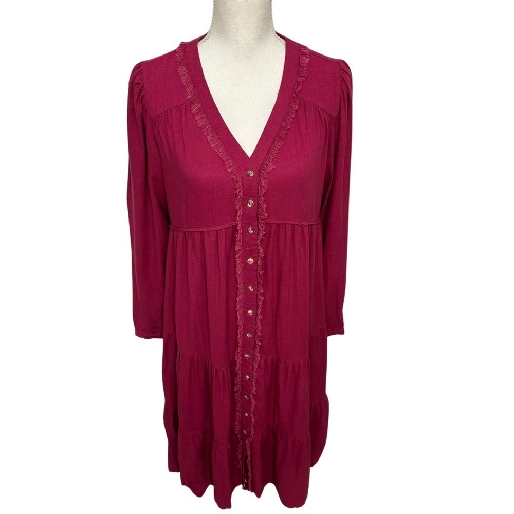 Umgee Tiered V-Neck Frayed Maxi Dress Rasberry Size Small NEW WITH TAGS